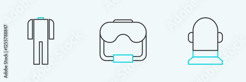 Set line Buoy, Wetsuit for scuba diving and Diving mask icon. Vector
