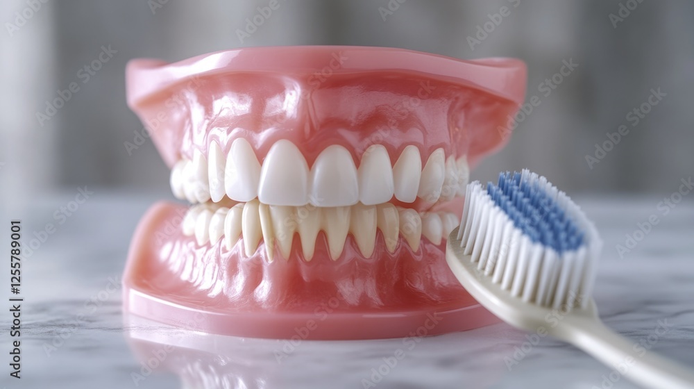 A toothbrush sits next to a miniature model of a mouth, ideal for dental hygiene or oral health illustrations A toothbrush sits next to a miniature model of a mouth, ideal for dental hygiene or oral health illustrations