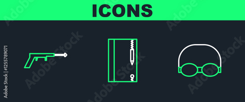 Set line Glasses and cap for swimming, Fishing harpoon and Underwater note book pencil icon. Vector