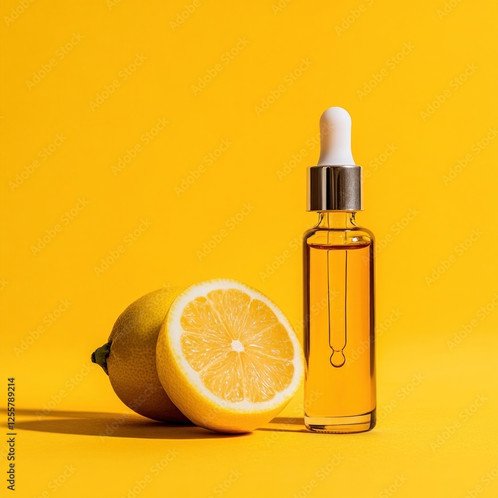 Lemon essential oil bottle and fruit on yellow Lemon essential oil bottle and fruit on yellow