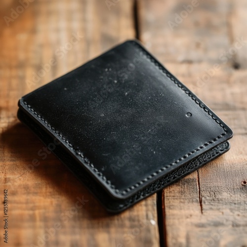 A black wallet sits on top of a wooden table, great for business or personal use