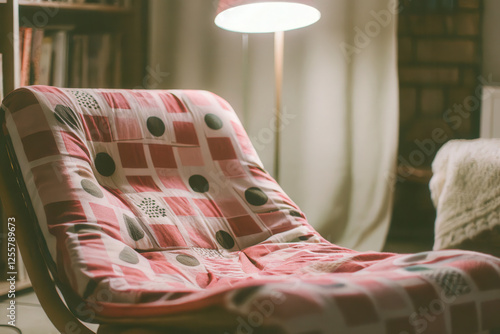 Cozy Armchair with Patterned Red Blanket in Warmly Lit Living Room
