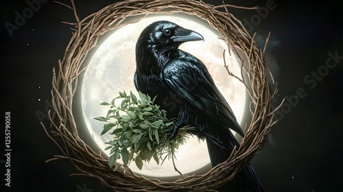 Raven perches amidst a woven branch circle against a full moon