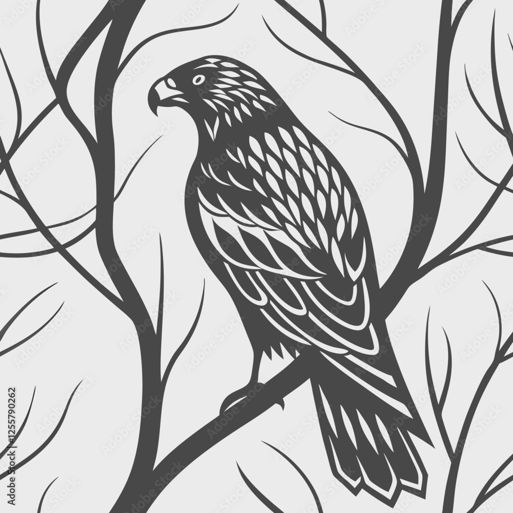 Fototapeta premium Eagle perched on branch, illustrated over brushed metal texture