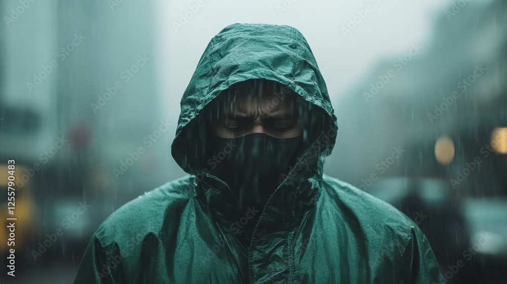 A figure dressed in a waterproof coat stands in the rain, symbolizing introspection and resilience while facing the elements, set against a misty urban backdrop. A figure dressed in a waterproof coat stands in the rain, symbolizing introspection and resilience while facing the elements, set against a misty urban backdrop.