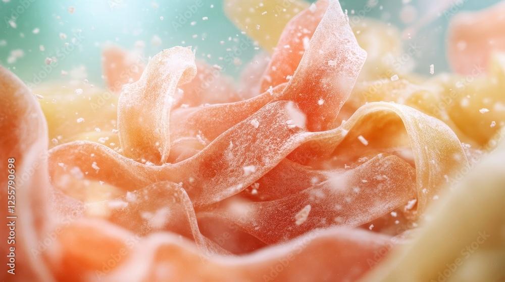 Fototapeta premium A close-up view of colorful pasta captures its intricate texture and vibrant colors, evoking a sense of freshness and artistry in culinary creation and presentation.