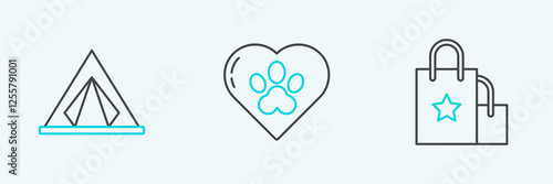 Set line Paper shopping bag, Tourist tent and Heart with animals footprint icon. Vector