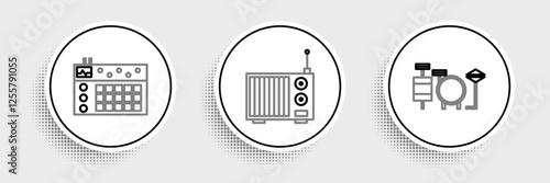 Set line Drums, machine and Radio with antenna icon. Vector