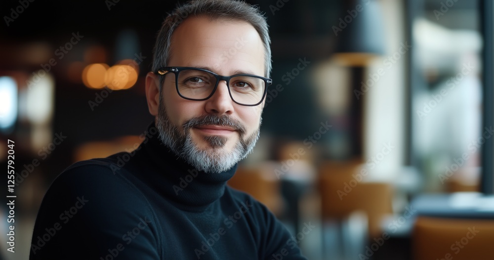 Un homme d'âge moyen séduisant avec barbe, portant des lunettes et un pull à col roulé noir, assis dans un bureau moderne ou un restaurant, regardant la caméra et souriant. Un homme d'âge moyen séduisant avec barbe, portant des lunettes et un pull à col roulé noir, assis dans un bureau moderne ou un restaurant, regardant la caméra et souriant.