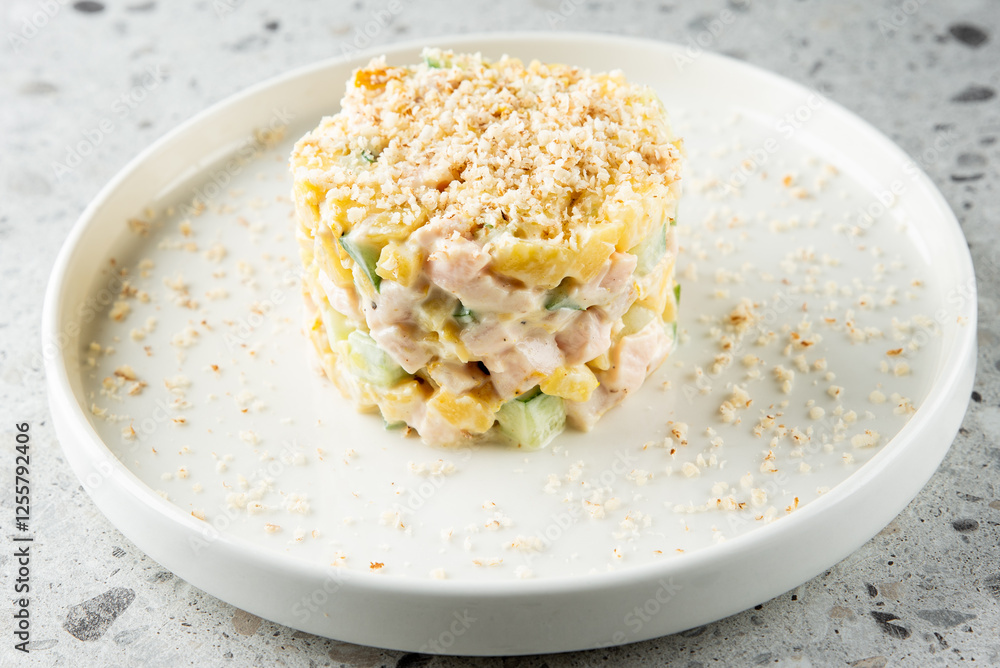 A beautifully layered salad on a white plate, featuring diced vegetables and chicken, topped with a crunchy layer of breadcrumbs. The dish is garnished elegantly, showcasing fresh ingredients. A beautifully layered salad on a white plate, featuring diced vegetables and chicken, topped with a crunchy layer of breadcrumbs. The dish is garnished elegantly, showcasing fresh ingredients.
