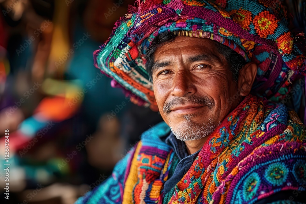Fototapeta premium local artisan support. Portrait of a man in a vibrant, traditional hat and colorful attire.
