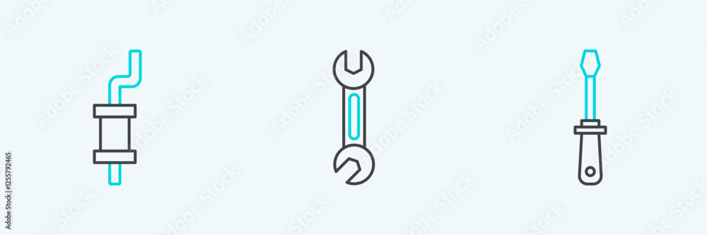Set line Screwdriver, Car muffler and Wrench icon. Vector Set line Screwdriver, Car muffler and Wrench icon. Vector
