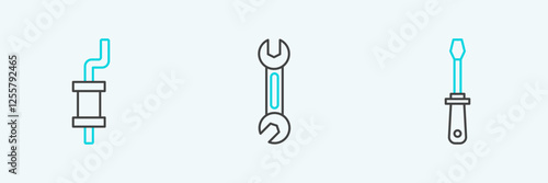 Set line Screwdriver, Car muffler and Wrench icon. Vector