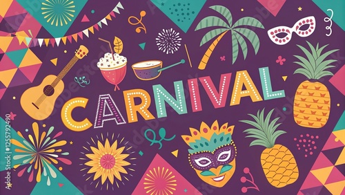 Wallpaper Mural Carnival Festive Celebration Background Colorful Party Design with Music Instruments Masks Pineapples Fireworks and Decorations Torontodigital.ca