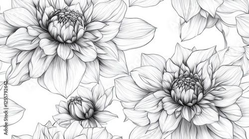 Wallpaper Mural Seamless pattern with black line art of dahlia flowers, line drawing Torontodigital.ca