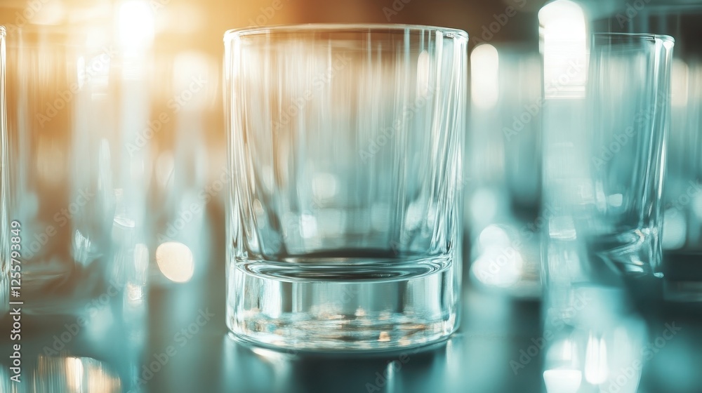 A striking display of clear glasses with fascinating light reflections creates a dreamy and sophisticated ambiance, perfect for capturing the essence of tranquility. A striking display of clear glasses with fascinating light reflections creates a dreamy and sophisticated ambiance, perfect for capturing the essence of tranquility.