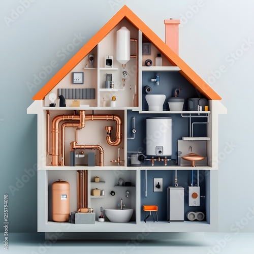 Detailed cutaway architectural model displaying the comprehensive plumbing system of a residential home including copper pipes PVC drainage water heater valves and fixtures