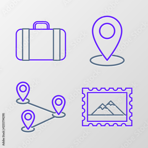 Set line Postal stamp and Mountains, Route location, Map pin and Suitcase for travel icon. Vector
