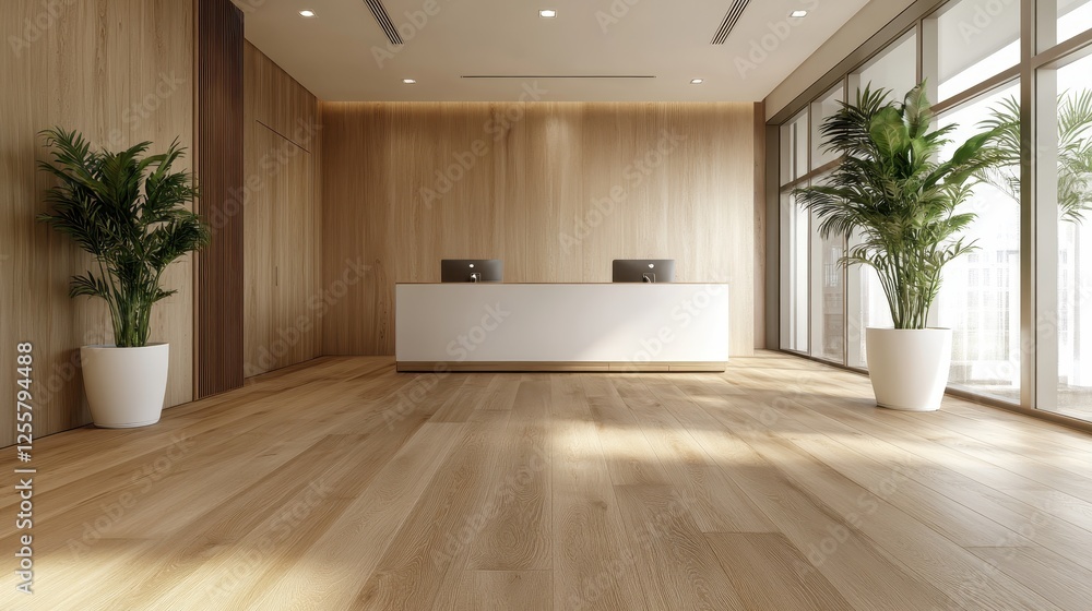 An open office design featuring light wood finishes, a minimalist reception area, and ample natural light, fostering a serene and productive working environment. An open office design featuring light wood finishes, a minimalist reception area, and ample natural light, fostering a serene and productive working environment.