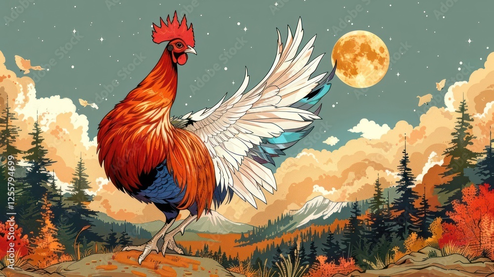 Fototapeta premium A vibrant rooster stands majestically against a colorful landscape and moonlit sky.