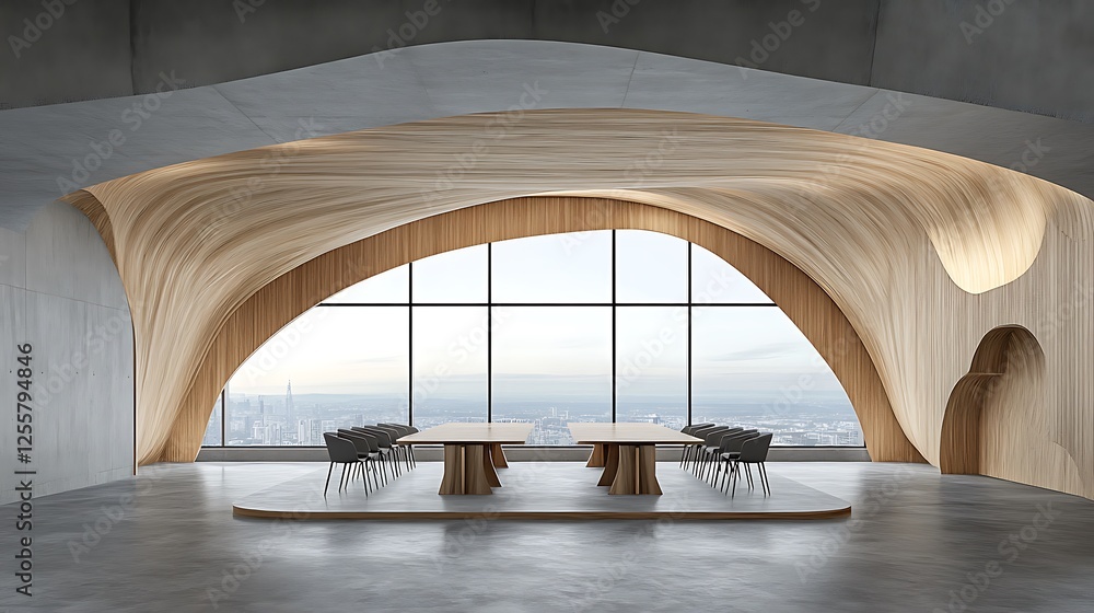 Obraz premium Modern Conference Room Design: 3D Render of a Panoramic City View Interior AI Generated