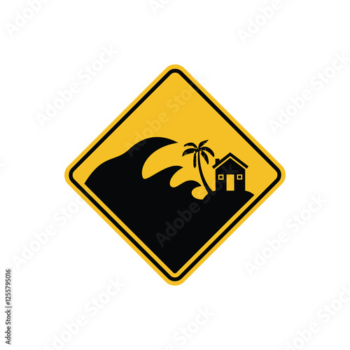 tsunami warning sign icon, danger of house in storm and waves - warning area on yellow rhombus board