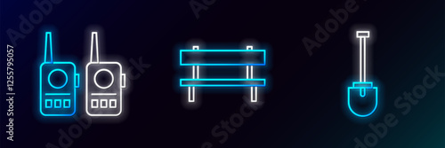 Set line Shovel, Walkie talkie and Bench icon. Glowing neon. Vector
