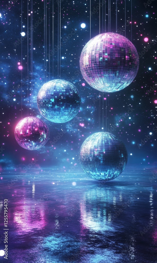 Disco balls hanging over reflective surface against starry night sky, ideal for entertainment background Disco balls hanging over reflective surface against starry night sky, ideal for entertainment background
