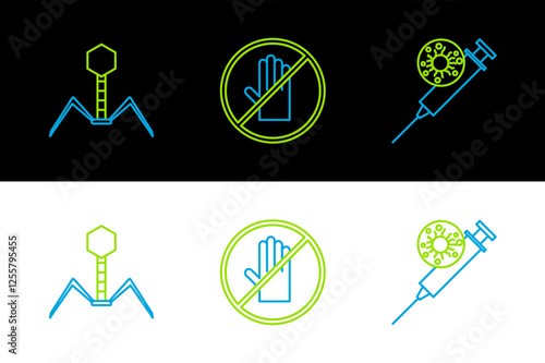 Set line Syringe and virus, Bacteria bacteriophage and No handshake icon. Vector