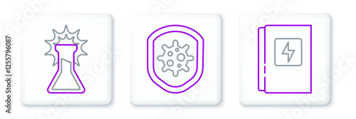 Set line Electrical panel, Test tube and flask and Shield protecting from virus icon. Vector