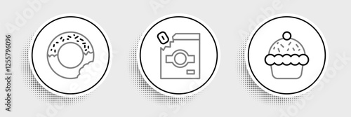 Set line Cupcake, Donut and Candy packaging for sweets icon. Vector