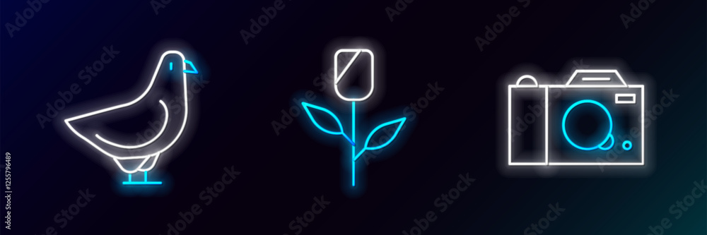 Set line Photo camera, Dove and Flower rose icon. Glowing neon. Vector Set line Photo camera, Dove and Flower rose icon. Glowing neon. Vector