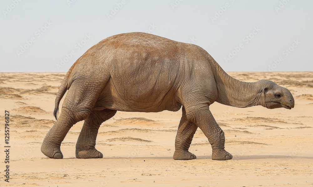 Fototapeta premium Extinct Macrauchenia mammal walking across prehistoric desert landscape
