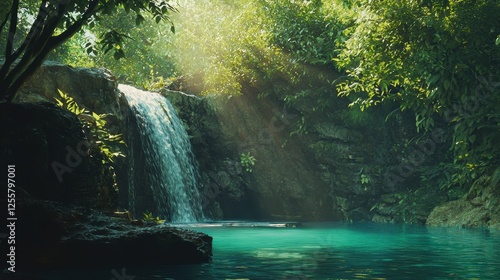 Fototapeta Naklejka Na Ścianę i Meble -  Waterfall in forest. Nature landscape of water cascade in jungle with clear turquoise water gently cascading into pool below and sunny rays making their way through dense foliage of trees