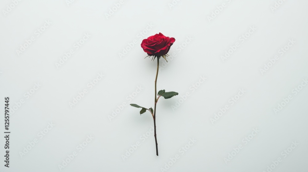 A minimalist photo of a single red rose against a plain white background, emphasizing its vibrant color.