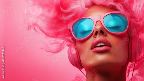 A charming woman with vibrant pink hair and oversized sunglasses exudes confidence and joy, embodying a playful spirit and bold artistic expression in this fun portrait.