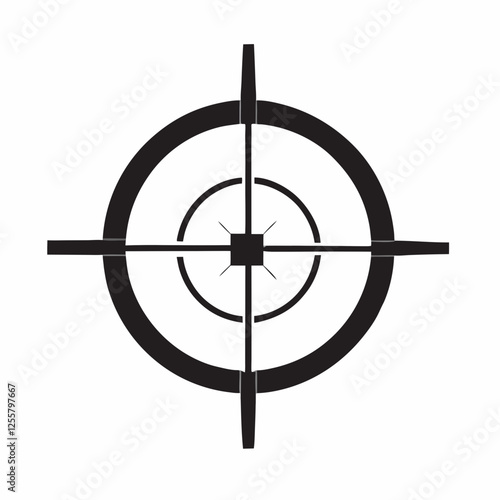 Black and white bullseye target with precise crosshairs centered on white background. Clean geometric design offers ample copy space. Professional target symbol for precise aiming. 