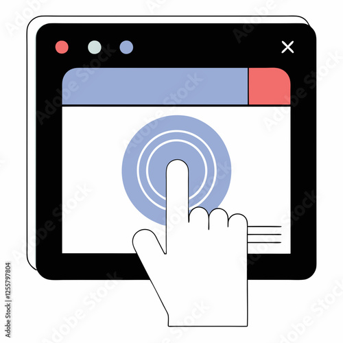 Minimalist hand interacting with purple and red website interface on tablet. Clean design showing touch interaction with generous copy space. Concept: Mobile Design, UI/UX Services, App Development