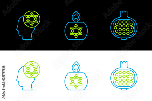 Set line Pomegranate, Orthodox jewish hat and Burning candle icon. Vector