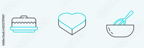 Set line Kitchen whisk and bowl, Cake and Candy in heart shaped box icon. Vector