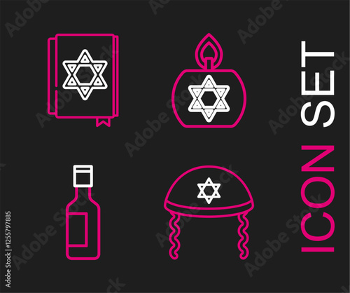 Set line Jewish kippah, wine bottle, Burning candle and torah book icon. Vector