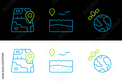 Set line Satellites orbiting the planet, City map navigation and Location with beach icon. Vector