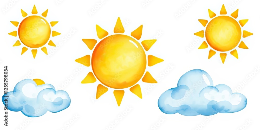 Watercolor Sun and Cloud Illustrations Sunny Day Weather Clipart Design Elements Watercolor Sun and Cloud Illustrations Sunny Day Weather Clipart Design Elements