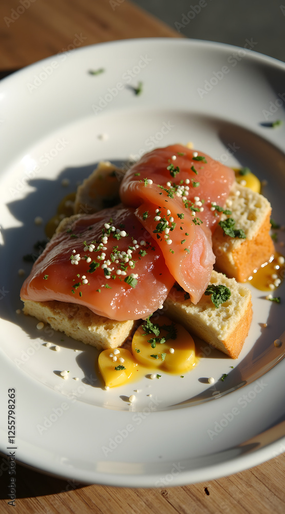 A nordic-style dish featuring smoked fish and sourdough bread garnished with delicate herbs, beautifully captured in soft, natural light A nordic-style dish featuring smoked fish and sourdough bread garnished with delicate herbs, beautifully captured in soft, natural light