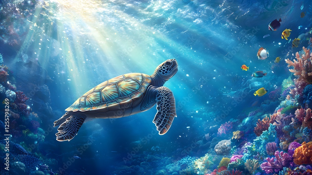 Sea turtle swims gracefully through an underwater coral reef Sea turtle swims gracefully through an underwater coral reef