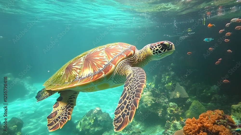 Obraz premium Sea turtle gracefully swims through the clear turquoise ocean water