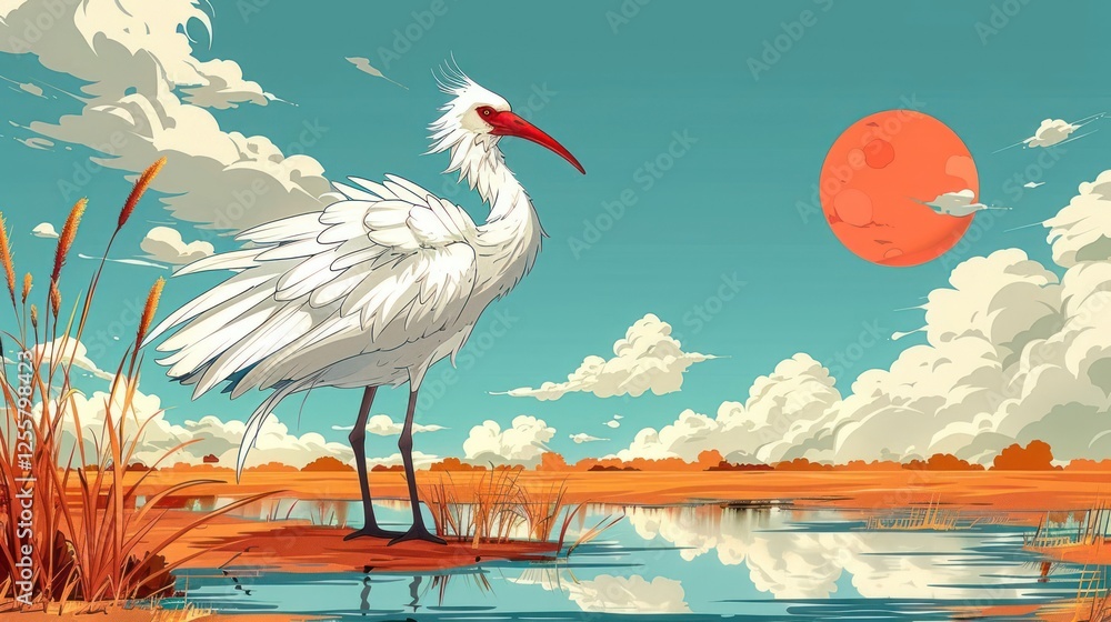 Fototapeta premium A serene landscape featuring a white crane by a pond under a vibrant sunset.