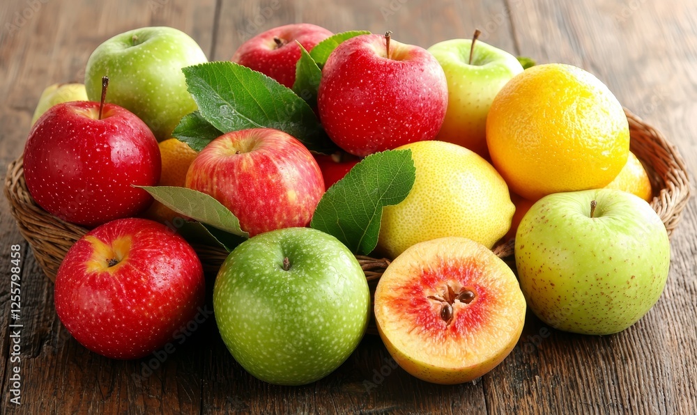 Fresh apples, lemons, and peach in basket on wooden table Fresh apples, lemons, and peach in basket on wooden table