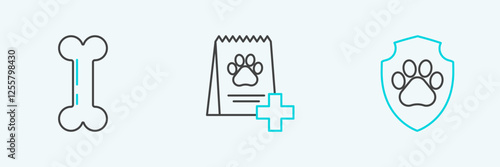 Set line Animal health insurance, Dog bone and Bag of food for dog icon. Vector