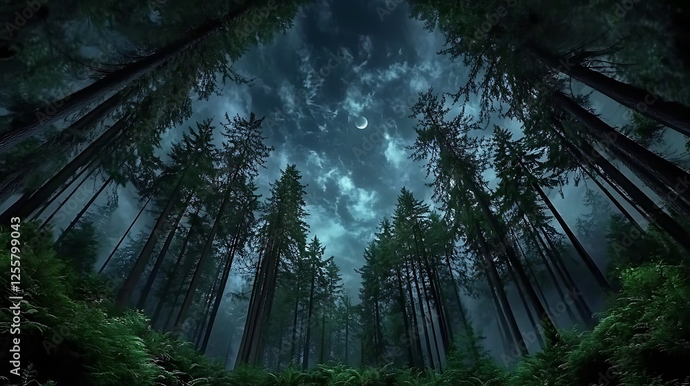 Naklejka premium Moonlit Forest Path: Nighttime View of Tall Pines Under a Cloudy Sky AI Generated